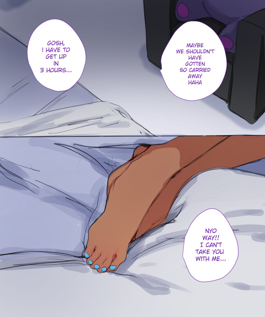 ambiguous_gender bed chair colored_nails dark_body dark_skin dialogue feet furniture nails not_furry plushie solo text lightsource murasaki_(lightsource) comic english_text hi_res male_(lore)