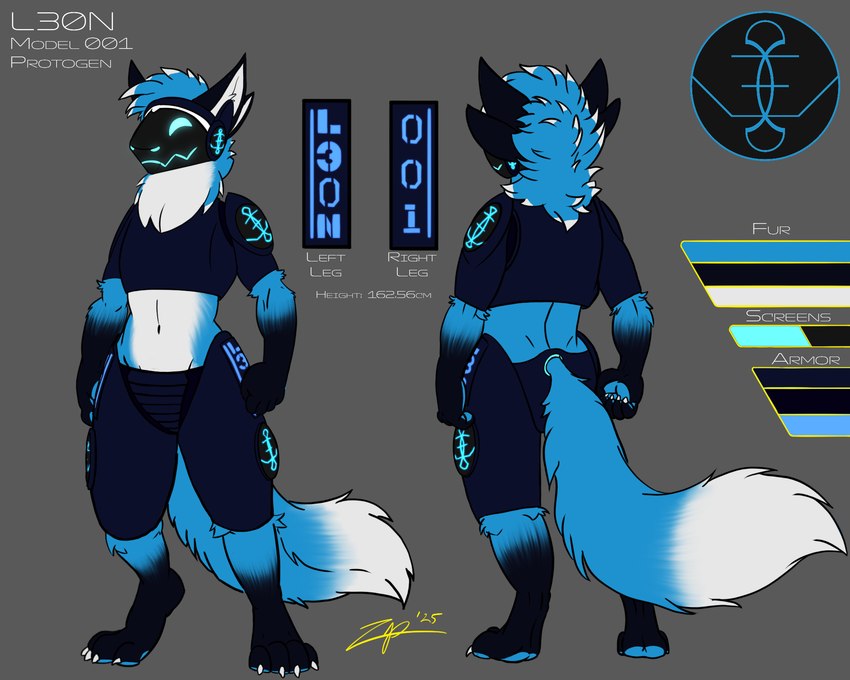 blue_body blue_fur blue_hair clothed clothing dipstick_tail front_view fully_clothed fur gloves_(marking) hair leg_markings machine male markings protogen_armor protogen_visor rear_view socks_(marking) solo tail tail_markings text white_body white_fur zephyrpanthur protogen 2025 5:4 english_text hi_res model_sheet