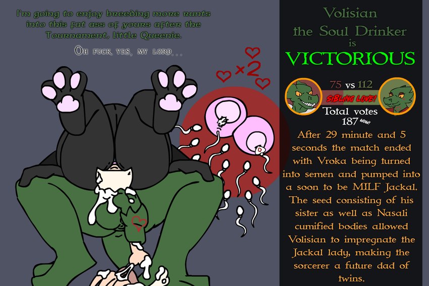 after_sex after_vore anthro bodily_fluids bone bones_in_cum cum cum_inside death duo fatal fatal_vore female genital_fluids impregnation leaking_cum male male/female multiple_ova ovum skull sperm_cell text tournament vore kakroon canid canine canis jackal lizard mammal reptile scalie 3:2 english_text incest_(lore)