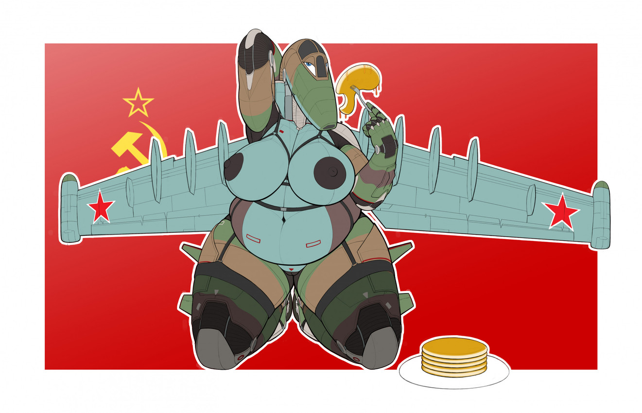 aircraft airplane anthro areola back_wings belly big_areola big_belly big_breasts big_nipples breasts brown_body cockpit curvy_figure cutlery female fin food fork front_view garter_belt garter_straps genitals green_body grey_body jet kitchen_utensils kneeling machine metallic_body nipples not_furry nude nude_anthro nude_female overweight overweight_anthro overweight_female pancake plate simple_background solo soviet_flag su-25_frogfoot thick_thighs tools vehicle voluptuous vulva wheel wheel_feet wide_hips wings ndragon3 aeromorph living_aircraft living_machine living_vehicle digital_media_(artwork) hi_res