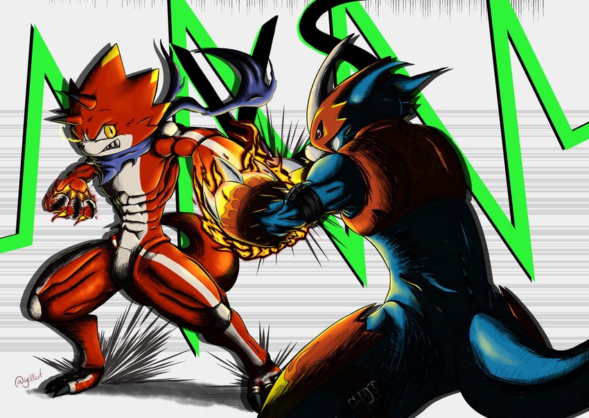 anthro armor blue_body claws codpiece duo fight horn male red_body scarf yellow_eyes gekkart bandai_namco digimon digimon_ghost_game betelgammamon digimon_(species) flamedramon hi_res