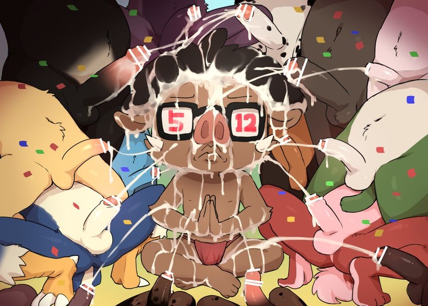 5_toes afro anthro asian_clothing balls birthday bodily_fluids brown_body brown_fur bukkake clothed clothing confetti crossed_legs cum cum_covered east_asian_clothing ejaculation eyewear eyewear_only feet fundoshi fundoshi_only fur genital_fluids genitals glasses glasses_only group japanese_clothing lips male male/male meditation messy nipples nude penis praying red_clothing red_fundoshi red_underwear serious text toes topless tusks underwear underwear_only wearing_glasses young young_anthro young_male manmosu_marimo manmosu_marimo_(character) avian bird canid canine canis dalmatian domestic_dog mammal suid suine sus_(pig) wild_boar censored english_text