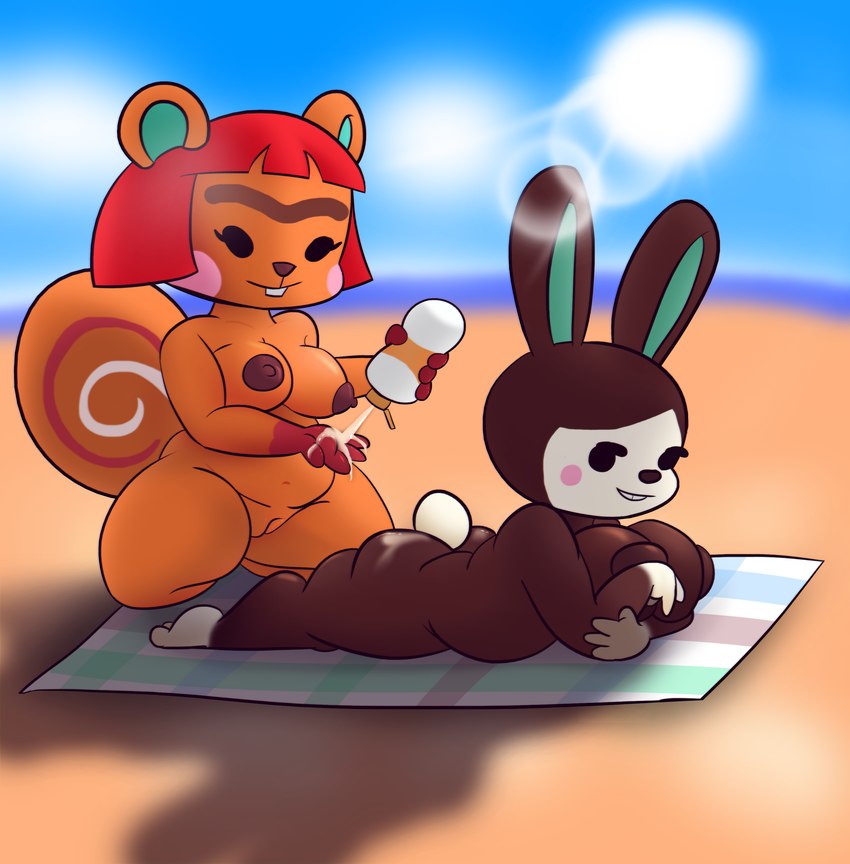 4_fingers anthro beach beach_towel breasts brown_body brown_fur brown_nipples buckteeth duo eyebrows female fingers fur genitals hair holding_object kneeling lens_flare lying nipples on_front orange_body orange_fur outside pussy seaside slightly_chubby smile sun sunscreen teeth towel unibrow fuzefurry animal_crossing nintendo carmen_(animal_crossing) hazel_(animal_crossing) lagomorph leporid mammal rabbit rodent sciurid tree_squirrel 2021 absurd_res hi_res