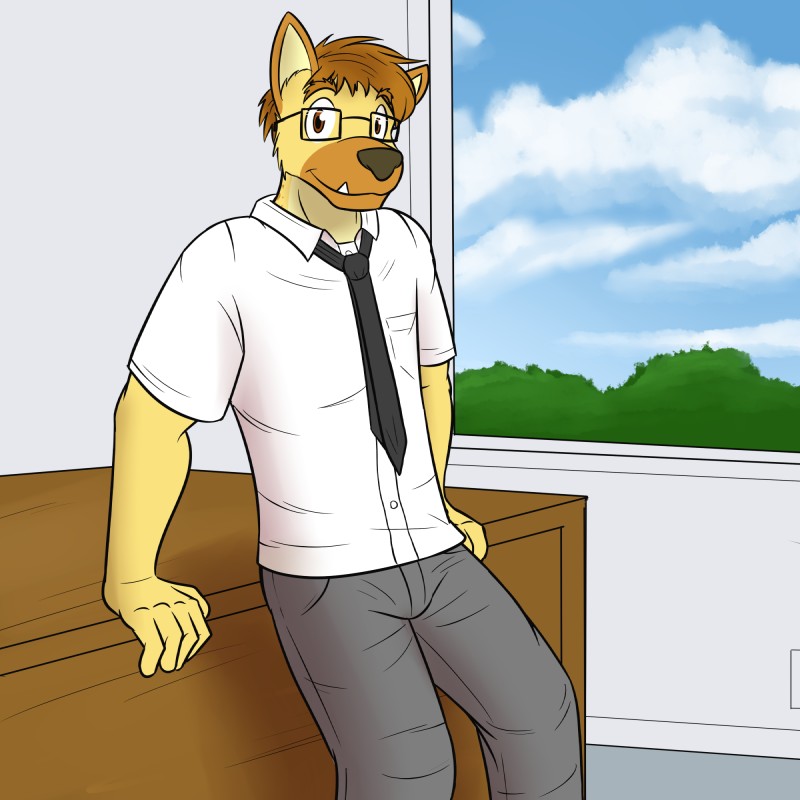 anthro clothed clothing dress_shirt eyewear fully_clothed glasses male necktie shirt slacks solo topwear fuze fuzeyeen hyena mammal spotted_hyena 1:1 hi_res