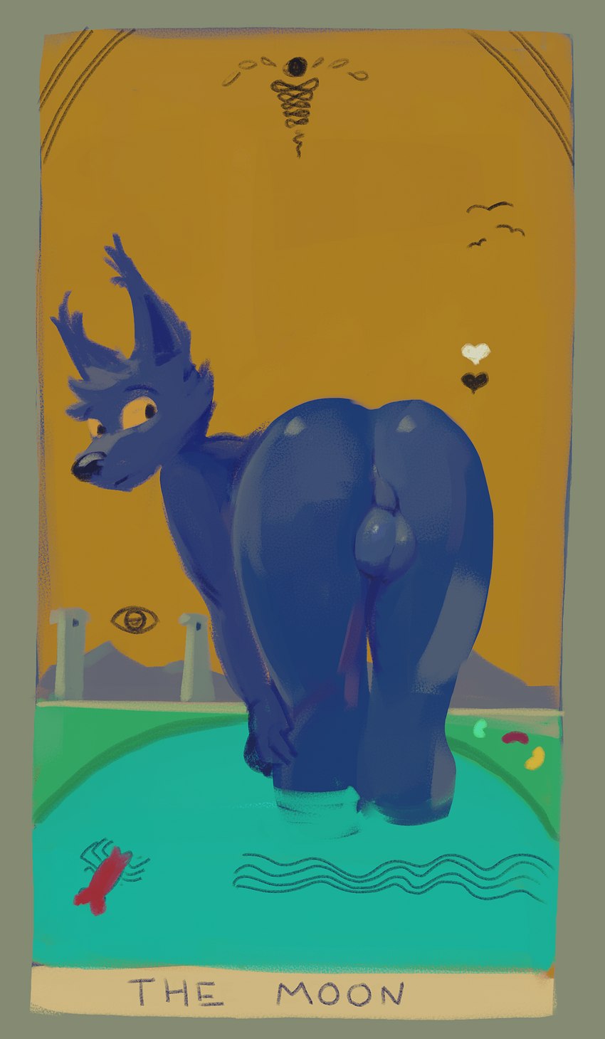 anthro balls bent_over biped black_nose blue_balls blue_body blue_ears blue_fur blue_hair blue_perineum butt card card_template cheek_tuft ear_tuft facial_tuft fortune_telling fur genitals glistening glistening_balls glistening_genitalia glistening_nose group hair heart_symbol major_arcana male perineum presenting presenting_balls presenting_hindquarters rear_view short_hair simple_eyes solo solo_focus standing tarot tarot_card the_moon_(tarot) tuft oselotti sandio canid canine mammal hi_res