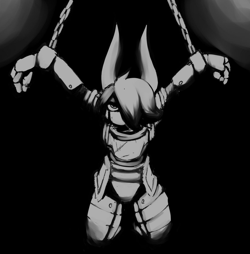 2_horns ambiguous_gender anthro armor black_background bound breastplate chain chained clothed clothing front_view fully_clothed hair hair_over_eye hanging_by_wrists horn legwear looking_at_viewer one_eye_obstructed raised_arms simple_background solo suspension neko3240 demon 2023 greyscale hi_res monochrome