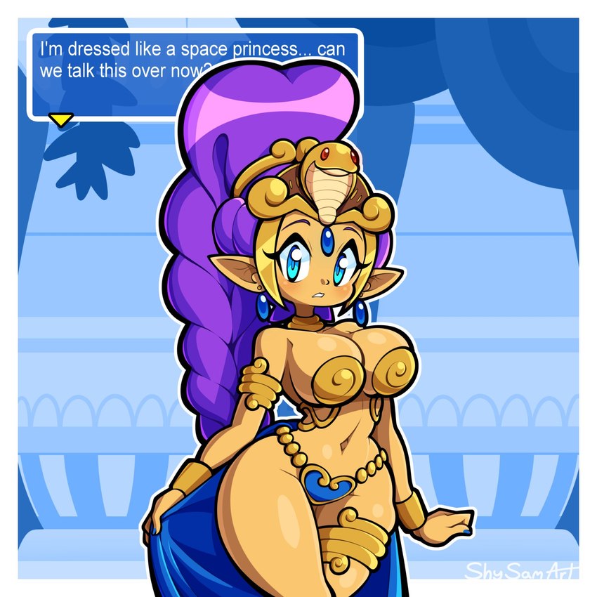 armor big_breasts bikini_armor blue_eyes blue_nails blush border bracelet braided_hair braided_ponytail breasts colored_nails crown dark_body dark_skin dialogue ear_piercing eyelashes female front_view hair headgear humanoid_pointy_ears jewelry long_hair looking_at_viewer nails navel piercing pointy_ears ponytail purple_hair solo talking_to_viewer text text_box thick_thighs tiara unconvincing_armor white_border wide_hips shy_sam_art shantae_(series) wayforward shantae genie humanoid 1:1 hi_res