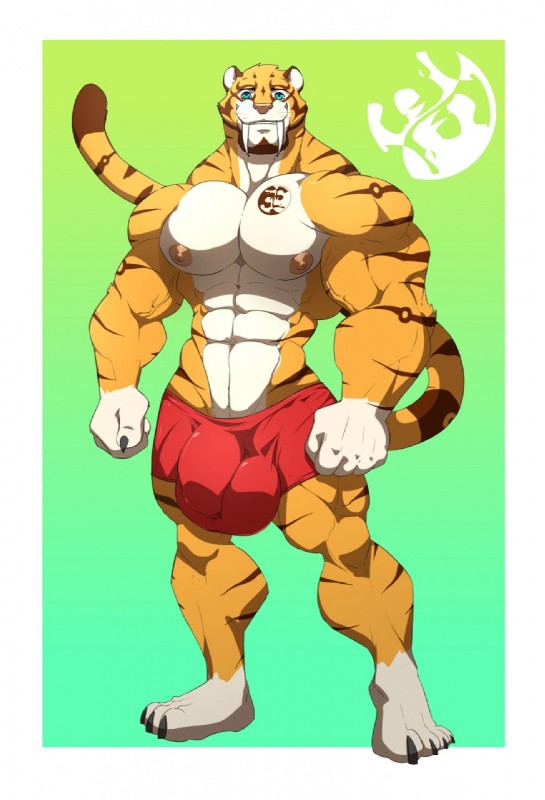 anthro biceps big_bulge bulge clothed clothing facial_hair goatee male muscular muscular_anthro muscular_male nipples pecs solo standing tattoo topless kartos caleb_(floofninja) felid mammal prehistoric_species saber-toothed_tiger hi_res