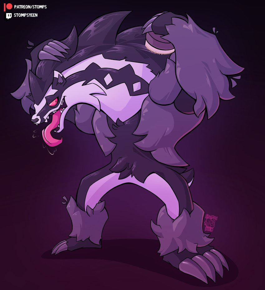 anthro brush brushing brushing_fur claws fluffy fur hair hairbrush holding_object male nude open_mouth open_smile personal_grooming purple_background shadow simple_background smile solo standing teeth text tongue tongue_out tuft stompsyeen nintendo patreon pokemon twitch.tv generation_8_pokemon obstagoon pokemon_(species) 2024 absurd_res hi_res url