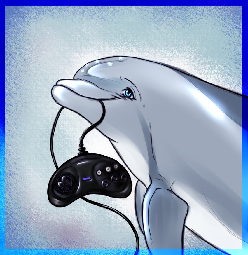 blue_eyes cable controller feral fin game_controller genesis_controller grey_body holding_object looking_at_viewer male object_in_mouth sega_controller simple_background smile solo loboprata ecco_the_dolphin_(series) sega sega_genesis ecco_the_dolphin bottlenose_dolphin cetacean dolphin mammal marine oceanic_dolphin toothed_whale hi_res