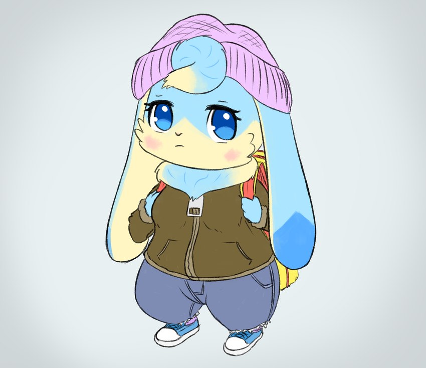 backpack beanie blue_body blue_eyes blue_fur bottomwear breasts chibi clothing coat denim denim_bottomwear denim_clothing dewlap_(anatomy) female floppy_ears fur hat headgear headwear jeans kemono long_ears looking_at_viewer multicolored_body multicolored_fur pants semi-anthro simple_background solo standing tan_body tan_fur thick_thighs topwear two_tone_body two_tone_fur zipper pyritie sofu_(pyritie) lagomorph leporid mammal rabbit 2021 digital_media_(artwork) hi_res