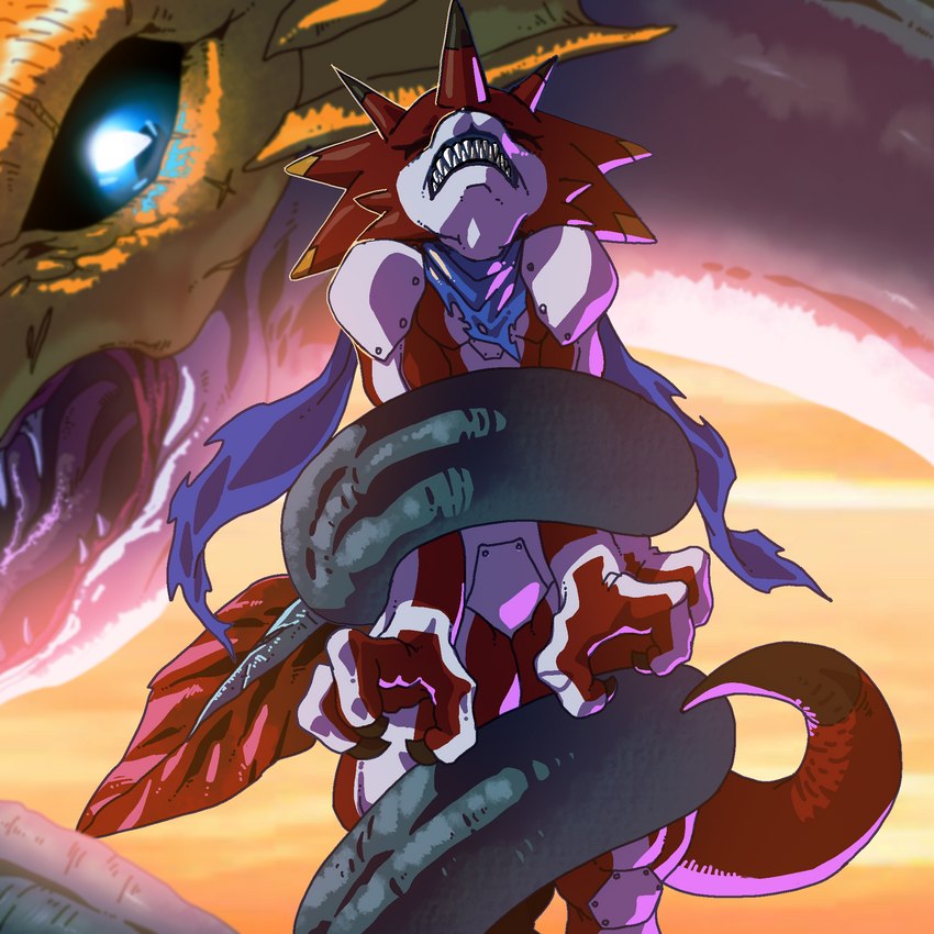 anthro armor blue_eyes claws clenched_teeth codpiece coiling duo eyes_closed feral headgear helmet horn male red_body ryona scarf sharp_teeth teeth gerusyu bandai_namco digimon digimon_ghost_game betelgammamon digimon_(species) scalie sea_serpent seadramon 1:1 hi_res