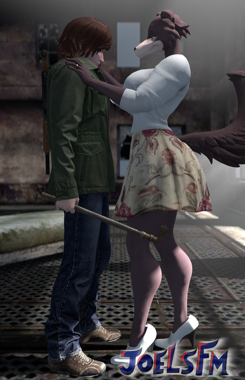 anthro bed brown_hair clothed clothing cosplay digit_ring duo female footwear frown furniture gun hair head_down high_heels jewelry looking_at_another male male/female melee_weapon pipe ranged_weapon ring self_insert shoes smile tail weapon wedding_ring joelsfm beastars capcom konami silent_hill joel_(joelsfm) juno_(beastars) human humanoid mammal 2025 3d_(artwork) absurd_res digital_media_(artwork) hi_res source_filmmaker_(artwork)