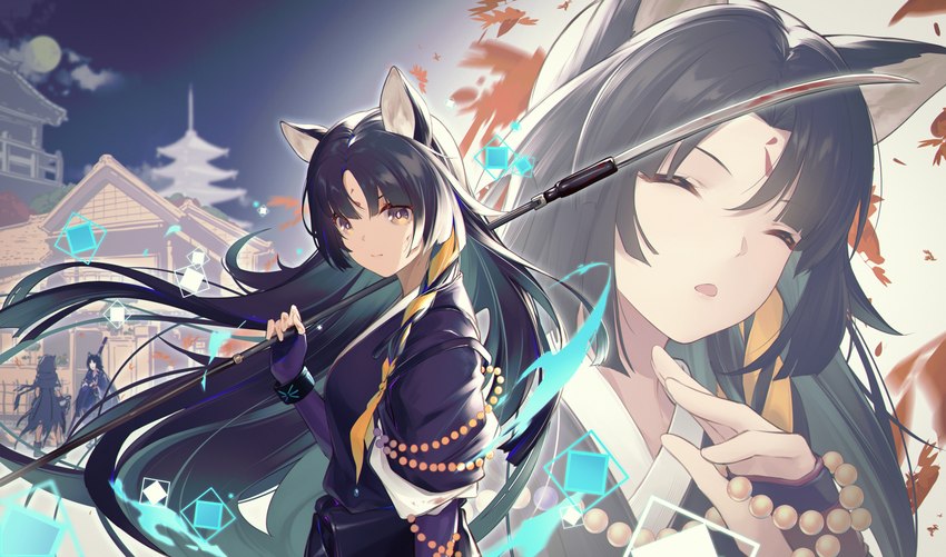 black_hair clothing female full_moon gloves hair handwear holding_object holding_weapon long_hair looking_at_viewer melee_weapon moon night open_mouth outside polearm solo weapon jiusan_naitan arknights hypergryph studio_montagne lava_(arknights) saga_(arknights) animal_humanoid felid felid_humanoid humanoid mammal mammal_humanoid 2021 absurd_res hi_res