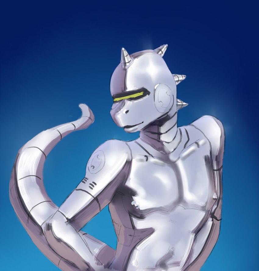 anthro chrome chrome_body head_spikes machine male simple_background solo spikes spikes_(anatomy) sunhuiz saucy_(sunhuiz) lizard reptile robot scalie hi_res