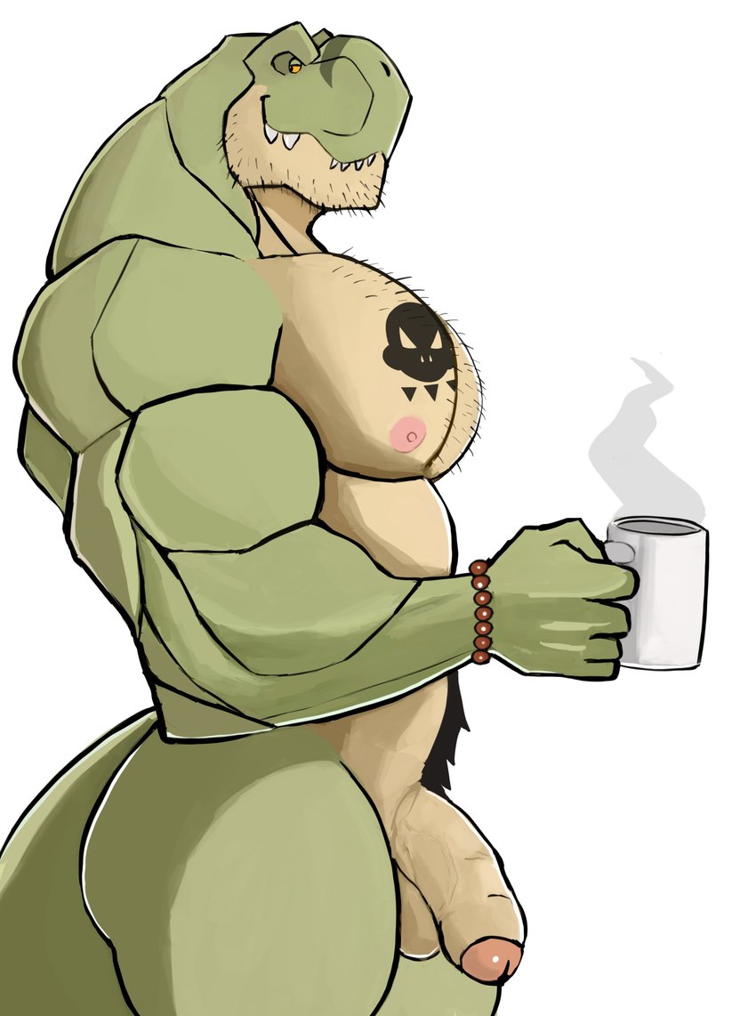 anthro balls beverage biceps big_biceps big_deltoids big_muscles black_tattoo body_hair bracelet chest_hair chest_tattoo coffee container countershade_body countershade_face countershade_neck countershade_scales countershade_torso countershading cup dark_tattoo deltoids facial_hair flaccid foreskin genitals green_arms green_body green_face green_fingers green_hands green_head green_legs green_neck green_scales happy_trail holding_container holding_cup holding_object huge_deltoids huge_muscles humanoid_genitalia humanoid_penis hyper hyper_biceps hyper_deltoids hyper_muscles hyper_triceps jewelry light_arms light_body light_chest light_eyes light_face light_fingers light_hands light_head light_legs light_neck looking_at_viewer male male_anthro manly mature_anthro mature_male monotone_arms monotone_chest mug multicolored_body multicolored_scales muscular muscular_anthro muscular_arms muscular_male neck_muscles nipples non-mammal_balls non-mammal_nipples nude pecs penis pubes scale_tattoo scales side_view simple_background skull_symbol skull_tattoo small_eyes smile solo standing steam symbol symbol_tattoo tan_body tan_chest tan_countershading tan_face tan_head tan_neck tan_scales tattoo teeth trapezius triceps two_tone_body two_tone_face two_tone_head two_tone_neck two_tone_scales white_background yellow_eyes darknaigart jace_(darknaig) dinosaur prehistoric_species reptile scalie theropod tyrannosaurid tyrannosauroid tyrannosaurus tyrannosaurus_rex 2021 absurd_res colored digital_drawing_(artwork) digital_media_(artwork) hi_res