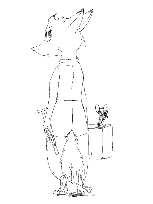 anthro barefoot briefcase clothed clothing duo ear_piercing eyewear feet female frown gun looking_at_viewer looking_back piercing ranged_weapon size_difference smile submachine_gun suit sunglasses weapon zhanbow disney zootopia fan_character melody_(zhanbow) rosie_(zhanbow) canid canine fox mammal mouse murid murine rodent hi_res monochrome