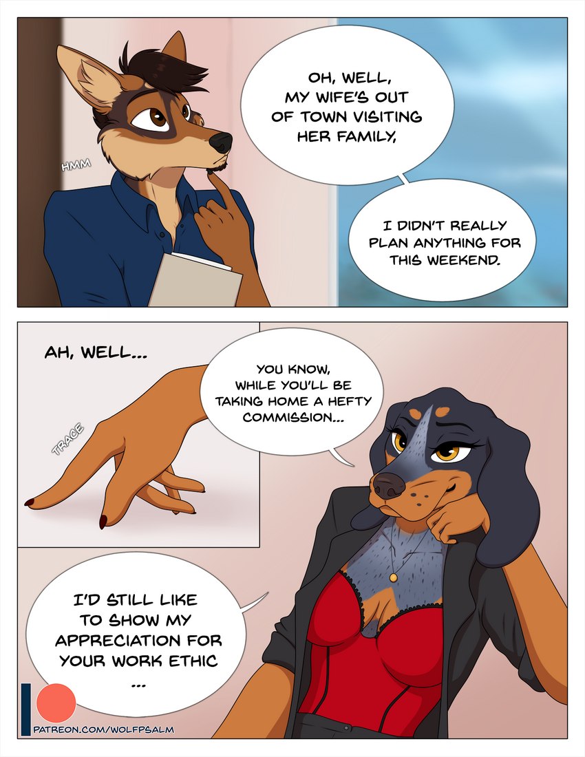 anthro brown_eyes bustier clothing dialogue duo female lingerie male male/female office red_clothing red_lingerie speech_bubble text yellow_eyes wolfpsalm brandy bluetick_coonhound canid canine canis coonhound coyote domestic_dog hunting_dog mammal scent_hound 2021 comic english_text hi_res url