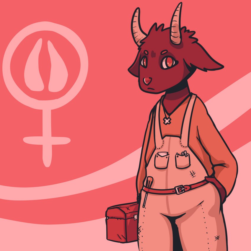 2_horns anthro belt box brown_body brown_fur clothed clothing container cross cross_necklace engineer_(profession) eyebrows female female_symbol fully_clothed fur gender_symbol holding_box holding_container holding_object holding_toolbox horn jewelry looking_at_viewer necklace orange_clothing orange_shirt orange_topwear overalls pen pink_background pockets red_eyes screwdriver shirt simple_background snout solo standing symbol three-quarter_view toolbox tools topwear deer_(artist) nan_quest women's_day nan_(nq) bovid caprine goat mammal 1:1 2019 digital_media_(artwork) hi_res pink_theme portrait three-quarter_portrait