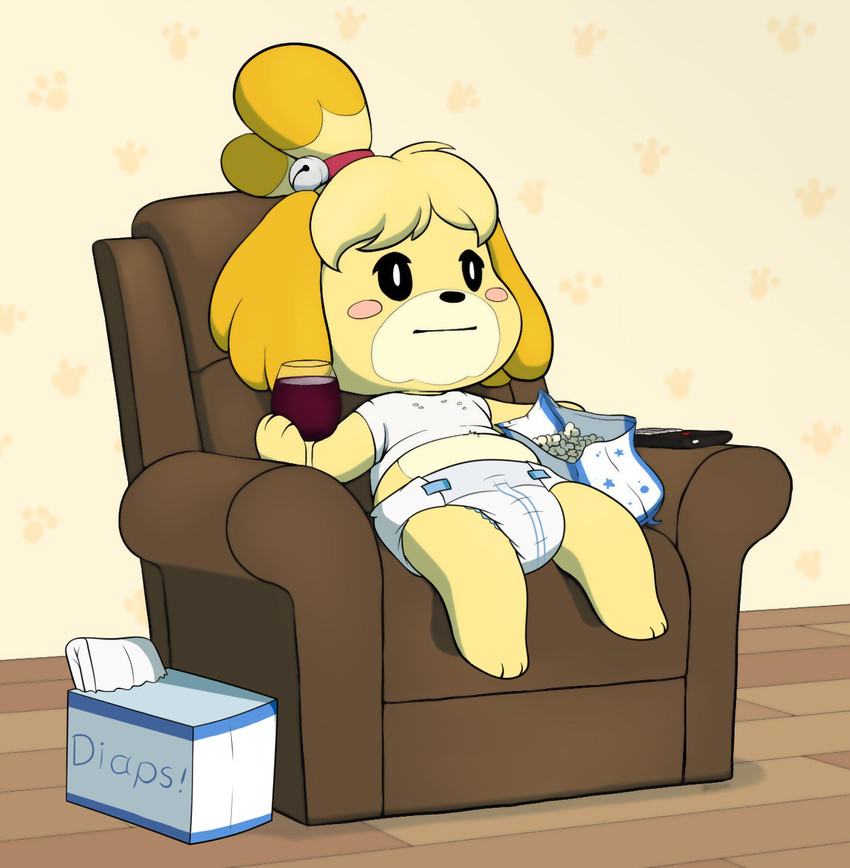 alcohol anthro bell beverage blush chair clean_diaper clothed clothing diaper diaper_package female folded_diaper food furniture glass popcorn sitting solo wearing_diaper wetness_indicator wine hodgepodgedl third-party_edit yellowhellion animal_crossing nintendo isabelle_(animal_crossing) canid canine canis domestic_dog mammal hi_res