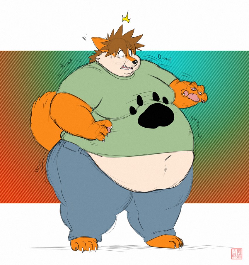 4_fingers 4_toes abstract_background anthro barefoot belly belly_overhang belly_peeking_out big_belly biped bottomwear brown_hair chubby_cheeks claws clothed clothing curled_tail denim denim_bottomwear denim_clothing ears_back expansion feet fingers fur hair jeans male multicolored_body multicolored_fur navel obese obese_anthro obese_male open_mouth orange_body orange_fur overweight overweight_anthro overweight_male pants pawpads paws pivoted_ears shirt solo sound_effects spiky_hair standing surprise t-shirt tail toe_claws toes topwear weight_gain wide_hips gillpanda landis_f canid canine canis domestic_dog husky mammal nordic_sled_dog spitz 2011 flat_colors