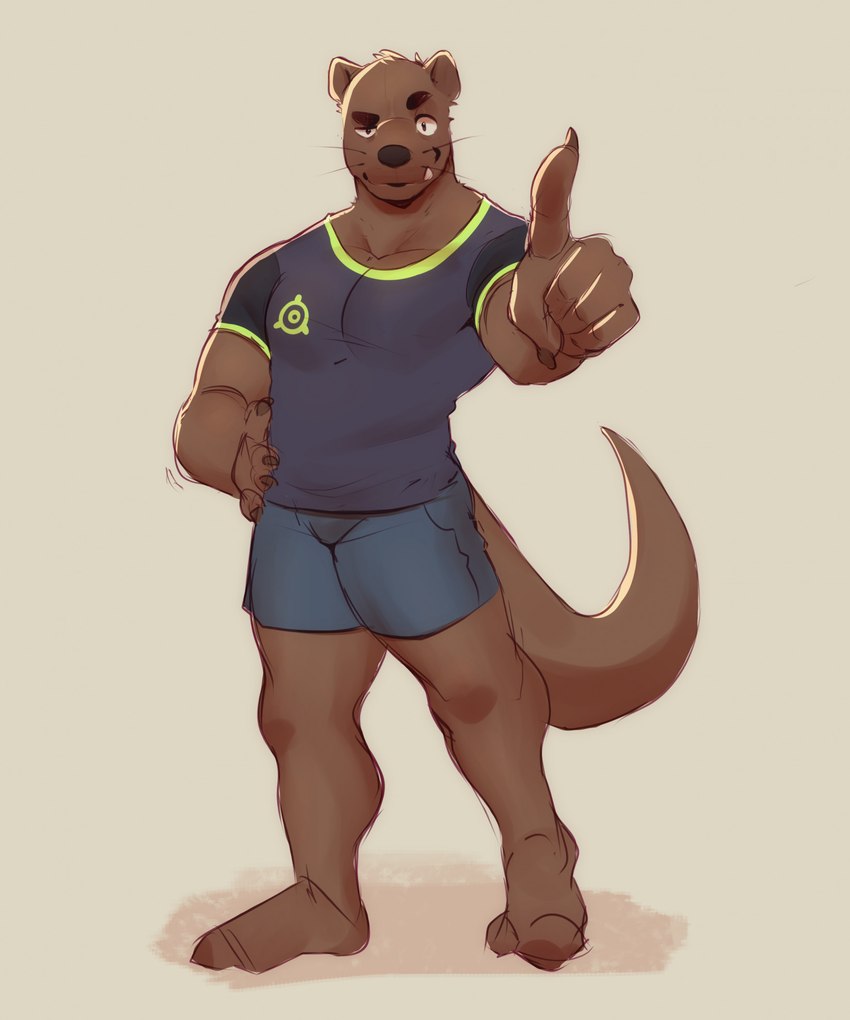 anthro barefoot blue_bottomwear blue_clothing blue_shorts bottomwear brown_body claws clothed clothing fangs feet finger_claws fingers gesture hand_gesture male muscular muscular_anthro muscular_male pointing pointing_at_viewer pose shirt shorts simple_background smile solo standing teeth topwear whiskers snaftfc finally_faded raul_(finally_faded) mammal mustelid otter hi_res