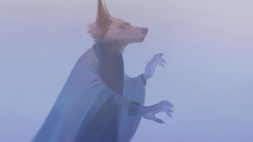 anthro bracelet calm claws clothing eyes_closed finger_claws fog fur gradient_background jewelry male mouth_closed robe side_view simple_background sky solo star starscape tan_body tan_fur trance white_clothing white_robe lofi canid canine canis mammal wolf 16:9 2020 half-length_portrait portrait wallpaper widescreen