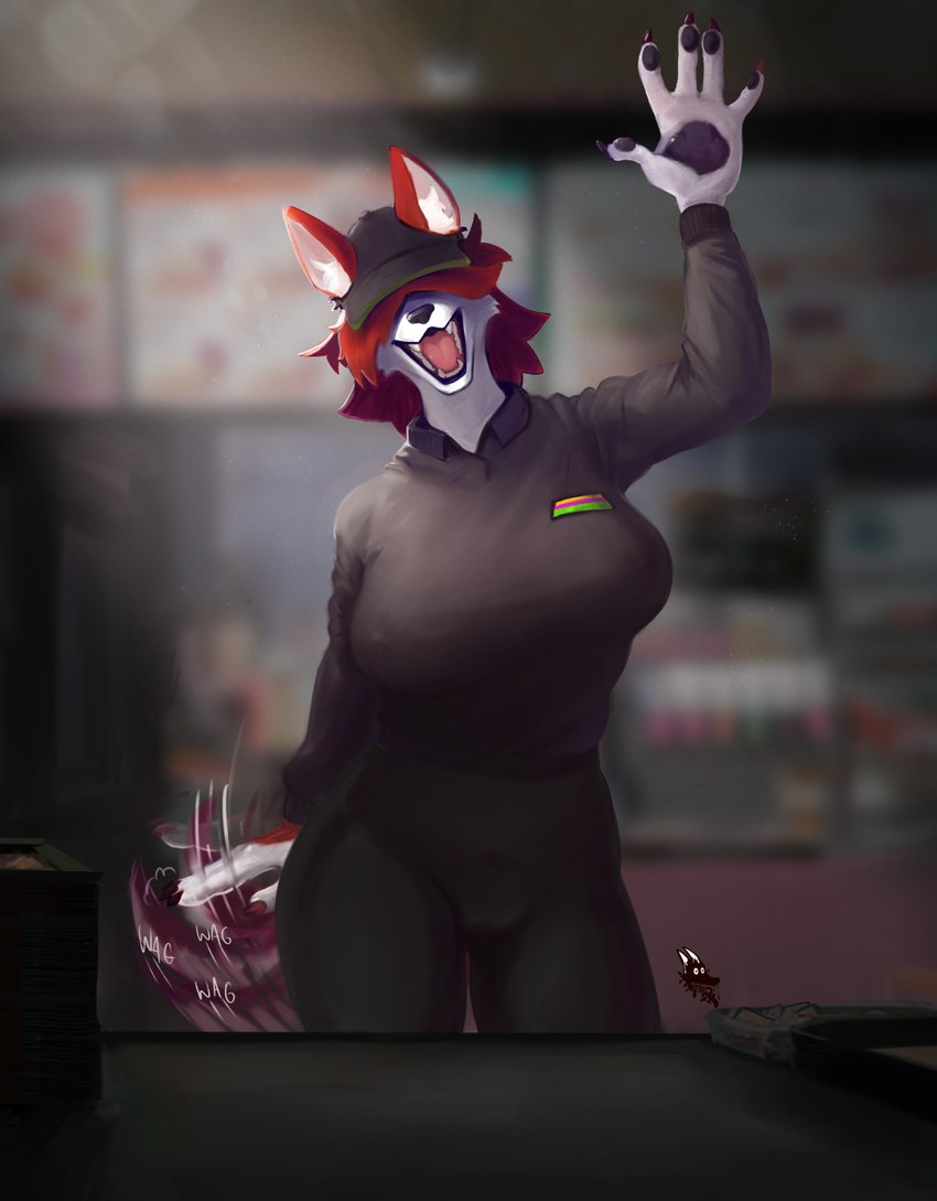 anthro bottomwear breasts burger clothed clothing condiment condiment_container counter fast_food female food fur gesture hair hair_over_eyes looking_at_viewer motion_lines open_mouth pawpads red_body red_fur red_hair smile solo tail tail_motion tailwag teeth tight_bottomwear tight_clothing tongue topwear uniform waving waving_at_viewer white_body white_fur newd canid canine canis domestic_dog mammal digital_media_(artwork) hi_res