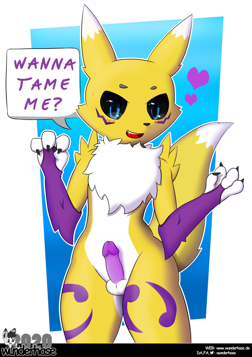 anthro balls black_sclera blue_eyes dialogue erection fluffy fluffy_tail fur genitals heart_symbol male mostly_nude needy penis solo speech_bubble tail text wunderhase bandai_namco digimon canid canine digimon_(species) mammal renamon 2020 digital_media_(artwork) english_text hi_res