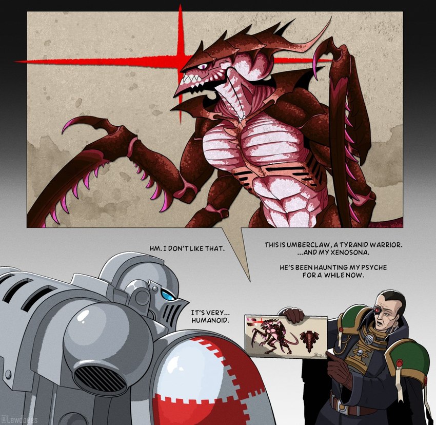 abs adeptus_astartes anthro armor clothing drawing_in_a_drawing exoskeleton eye_flame fingers group hair headgear helmet inquisitor male pecs space_marine standing text trio umberclaw_(tyranid) lewdbees warhammer_(franchise) warhammer_40000 alien human mammal tyranid tyranid_warrior english_text