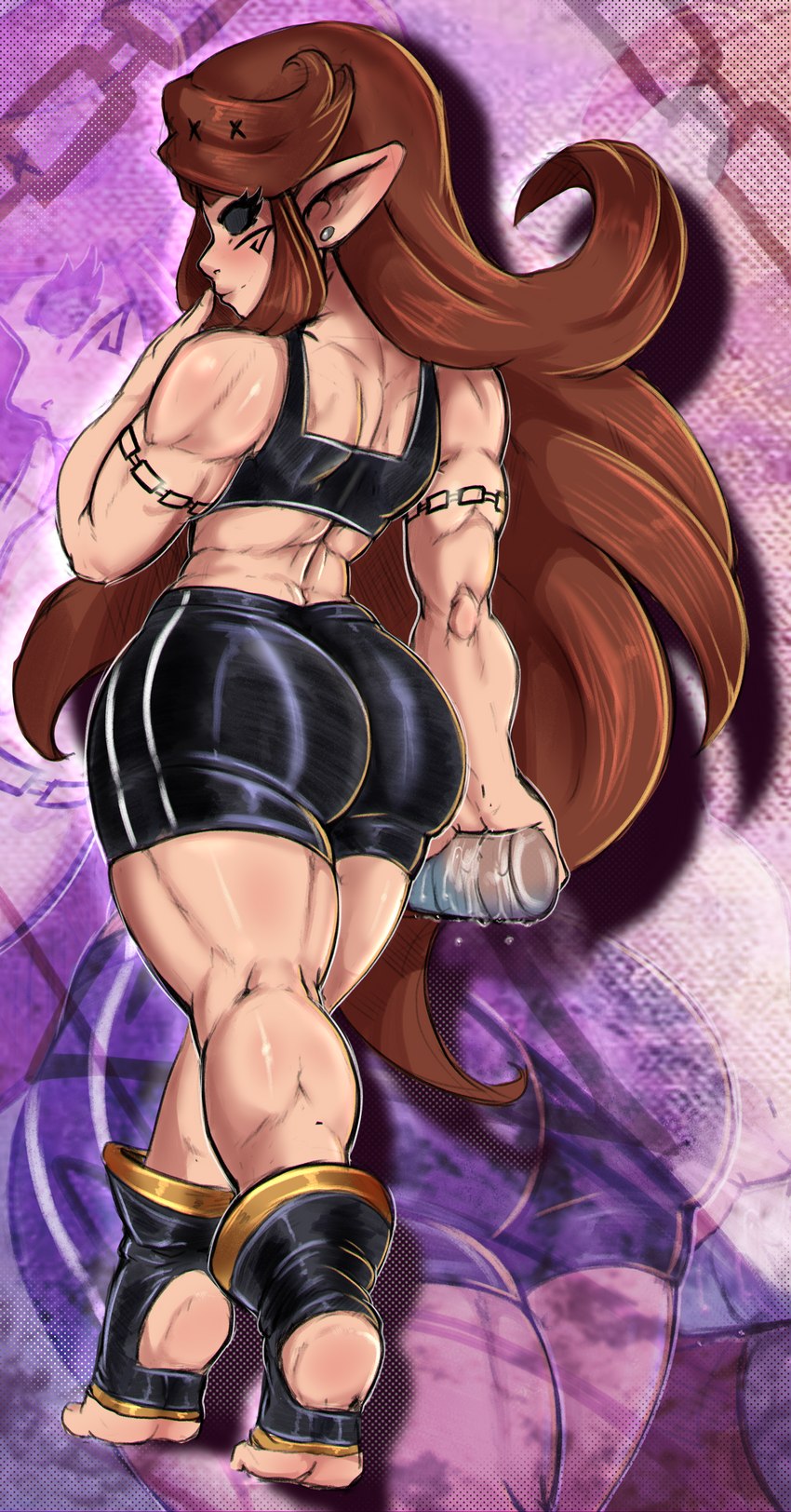 athletic big_butt black_sclera bra brown_hair butt clothing feet female footwear hair humanoid_pointy_ears long_hair markings muscular muscular_female muscular_legs not_furry pointy_ears short_stack socks soles solo sports_bra sportswear stirrup_socks tattoo thick_thighs toned_female underwear reliusmax fan_character elf human humanoid mammal nymph absurd_res hi_res