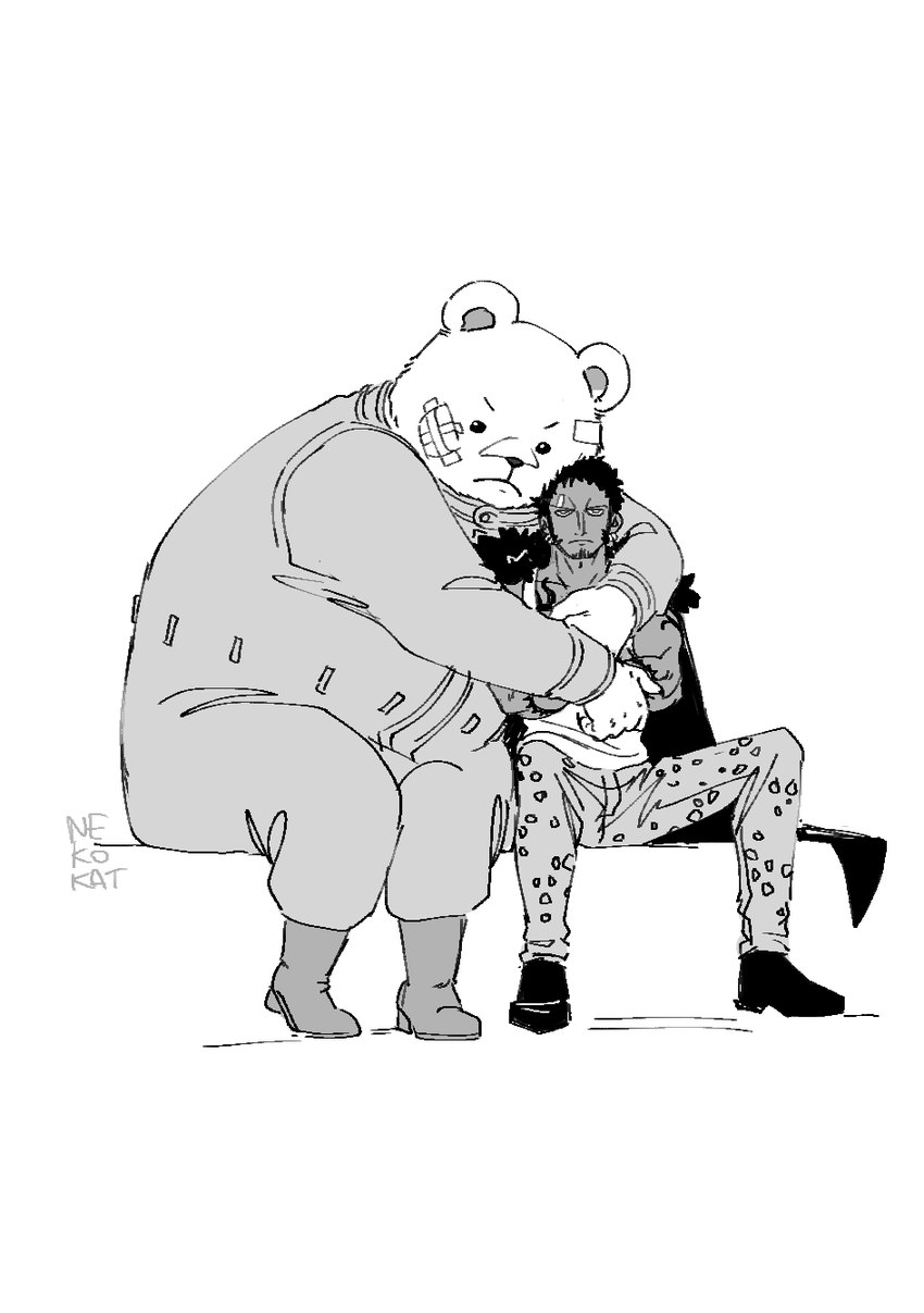 angry anthro duo fur hug male male/male size_difference white_body white_fur nekokat42 one_piece bepo_(one_piece) trafalgar_law bear human mammal polar_bear ursine hi_res monochrome