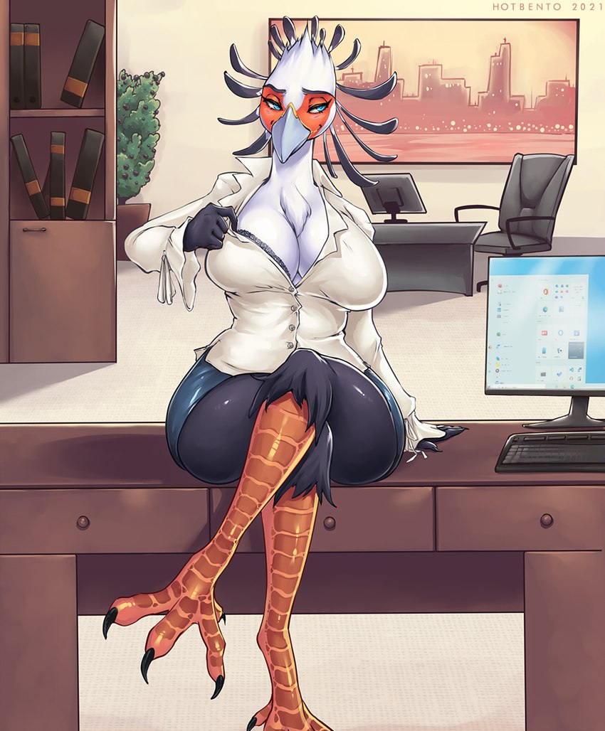 anthro avian_feet big_breasts blouse bottomwear breasts clothed clothing computer crossed_legs electronics female furniture lingerie office office_clothing on_table open_clothing open_shirt open_topwear shirt sitting sitting_on_table skirt solo table teasing tight_clothing topwear tugging_clothing wide_hips hotbento microsoft microsoft_windows windows_10 accipitriform avian bird secretary_bird 2021