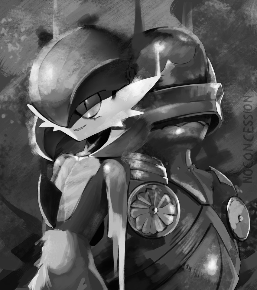 armor back_to_back breastplate duo evil_grin female grey_background headgear helmet horn knight male medieval simple_background smile stare visor warrior noconcession nintendo pokemon gardevoir generation_3_pokemon human humanoid mammal pokemon_(species) absurd_res black_and_white dark_theme greyscale hi_res monochrome painting_(artwork) signature