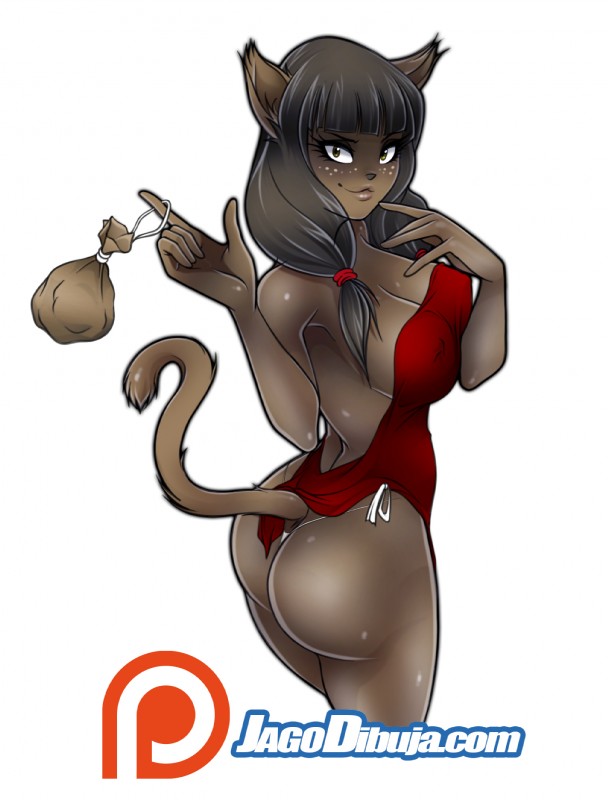 5_fingers accessory anthro bare_shoulders big_breasts big_butt black_hair breasts butt cleavage clothed clothing dress female fingers hair hair_accessory hairband long_hair looking_at_viewer nipple_outline patreon_logo simple_background smile solo text thong underwear white_background jago_dibuja ankama dofus patreon wakfu miranda_(wakfu) ecaflip felid mammal 2019 hi_res url