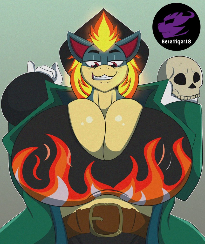 big_breasts bone breasts cleavage clothed clothing cosplay female fully_clothed huge_breasts looking_down red_eyes skull smile smirk solo berettiger26 nintendo pokemon dr._livesey shawna_(sandslash) generation_2_pokemon pokemon_(species) quilava hi_res