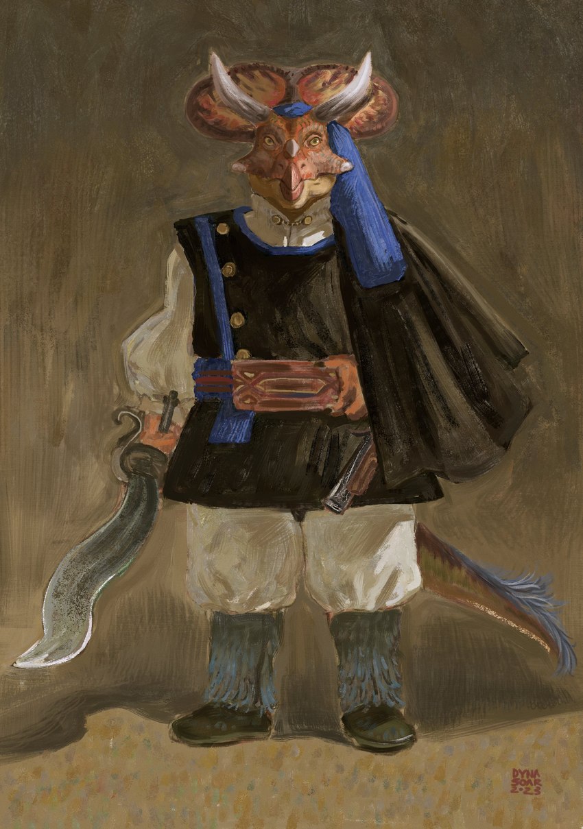 anthro beak belt blue_clothing blue_hat blue_headwear boots bottomwear brown_background brown_body button_(fastener) cape clothed clothing curved_sword facial_horn feathers flintlock_pistol footwear frill_(anatomy) hand_on_belt hat head_crest head_frill headgear headwear holding_object holding_weapon horn impressionist_background long_sleeves male markings melee_weapon nose_horn orange_markings pants phrygian_cap shirt shoes shoulder_cape simple_background solo standing sword tail tail_feathers topwear tunic weapon white_bottomwear white_clothing white_pants yellow_eyes dyna_soar ceratopsian dinosaur ornithischian prehistoric_species reptile scalie triceratops saurian_(disambiguation) 2023 absurd_res digital_media_(artwork) digital_painting_(artwork) hi_res portrait signature