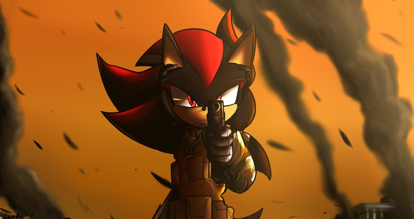 anthro clothing electronics gloves gun handgun handwear headgear headphones headset male military pistol pointing_weapon pointing_weapon_at_viewer ranged_weapon smoke solo sunset topwear vest weapon endjfcar sega sonic_the_hedgehog_(series) shadow_the_hedgehog eulipotyphlan hedgehog mammal 2016 digital_media_(artwork) hi_res signature