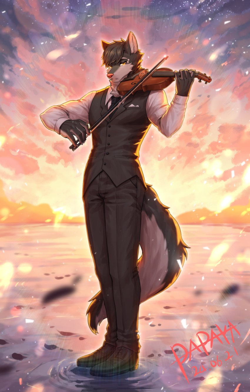 anthro black_necktie bottomwear bowed_string_instrument clothed clothing front_view fur grey_body grey_bottomwear grey_clothing grey_fur grey_hair grey_pants grey_tail grey_topwear grey_vest hair looking_at_viewer male musical_instrument necktie outside pants playing_music pupils shirt short_hair slit_pupils solo standing string_instrument tail topwear vest violin white_body white_clothing white_fur white_shirt white_tail white_topwear yellow_eyes papayafurry canid mammal 2024 absurd_res dated full-length_portrait hi_res portrait signature