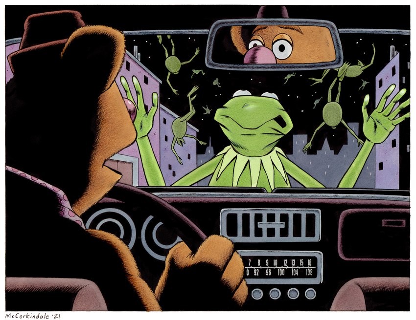 5_fingers anthro border brown_body brown_fur building car clothing driving electronics fingers fur green_body green_skin group hat headgear headwear inside_car inside_vehicle male parody radio raining_characters rearview_mirror steering_wheel vehicle white_border bruce_mccorkindale magnolia_(film) muppets the_muppet_show fozzie_bear kermit_the_frog amphibian bear frog mammal muppet 2021 crossover hi_res signature