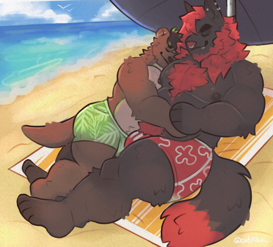 anthro beach beach_blanket beach_umbrella beachwear body_hair chest_hair cuddling duo happy_trail laying_on_another lying lying_on_ground male male/male musclegut muscular on_ground on_side parasol piercing shirtless_male cubkyah chris_valentine colt_ott canid canine canis mammal mustelid otter wolf hi_res