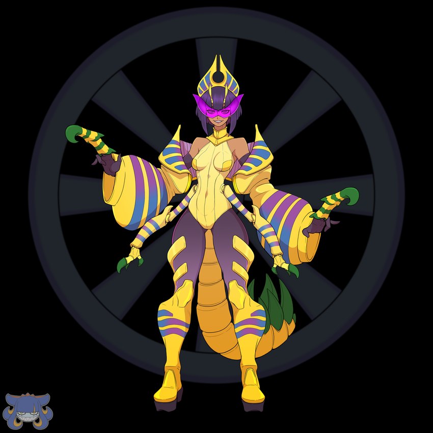 4_arms animal_tail antennae_(anatomy) armwear black_background breasts clothing dark_body dark_skin egyptian egyptian_clothing elbow_gloves eyelashes female footwear gloves hair handwear legwear leotard looking_at_viewer multi_arm multi_limb navel_outline purple_armwear purple_clothing purple_gloves purple_hair purple_handwear purple_legwear shoes short_hair simple_background small_breasts smile solo thick_thighs topwear visor wide_hips yellow_clothing yellow_footwear yellow_leotard yellow_shoes yellow_topwear mielle635 capcom monster_hunter ahtal-ka animal_humanoid arthropod arthropod_humanoid humanoid insect insect_humanoid neopteron 1:1 absurd_res hi_res