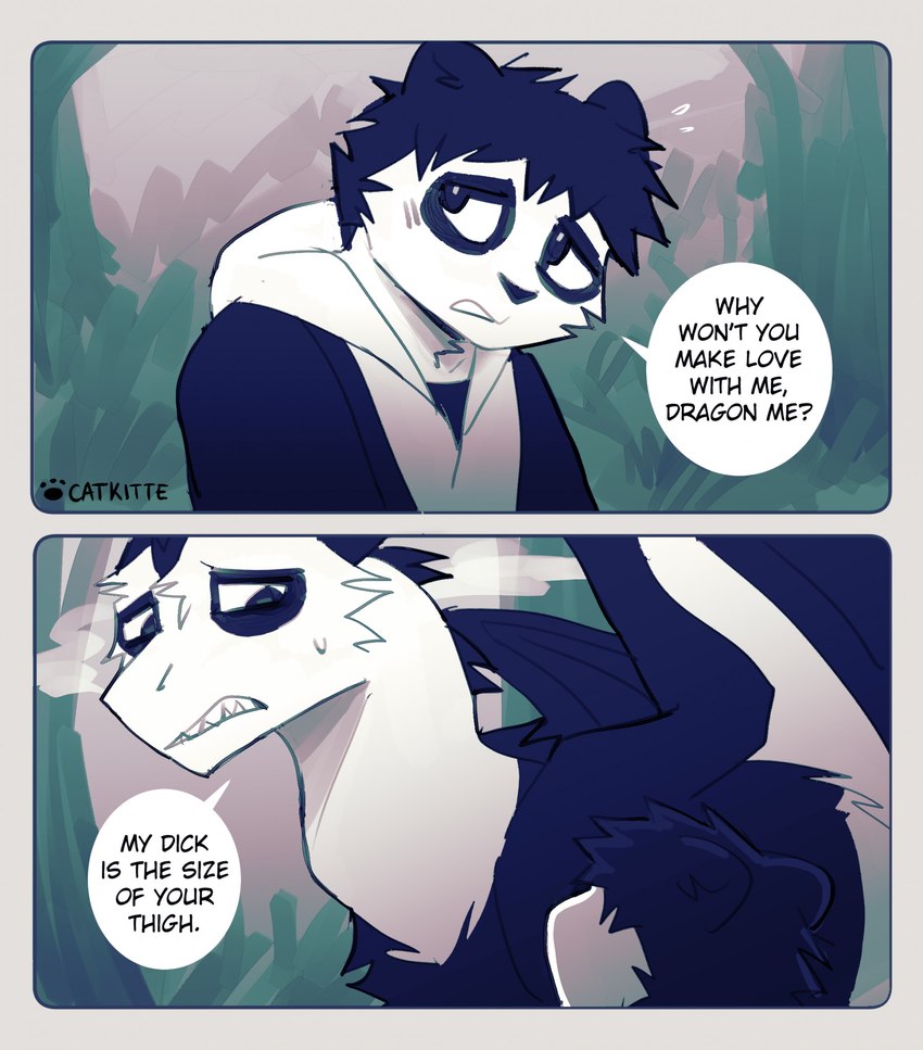 anthro black_body black_fur dialogue duo feral fur male speech_bubble square_crossover text white_body white_fur catkitte mythology panda_(catkitte) bear dragon giant_panda mammal mythological_creature mythological_scalie scalie comic english_text hi_res