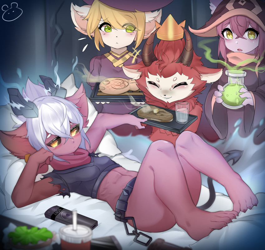 bed beef beverage black_sclera blonde_hair bovid_horn breasts caprine_horn controller crown eyes_closed female food fur furniture green_eyes group hair headgear horn lying male meat on_back pink_hair potion red_body red_fur red_skin remote_control serving_food serving_tray short_stack smile spade_tail steak tail tray water white_hair yellow_eyes user_cpsf8285 league_of_legends riot_games tencent bewitching_tristana_(lol) devil_teemo_(lol) little_demon_tristana_(lol) lulu_(lol) teemo_(lol) tristana_(lol) wicked_lulu_(lol) animal_humanoid demon humanoid yordle 2020 absurd_res hi_res