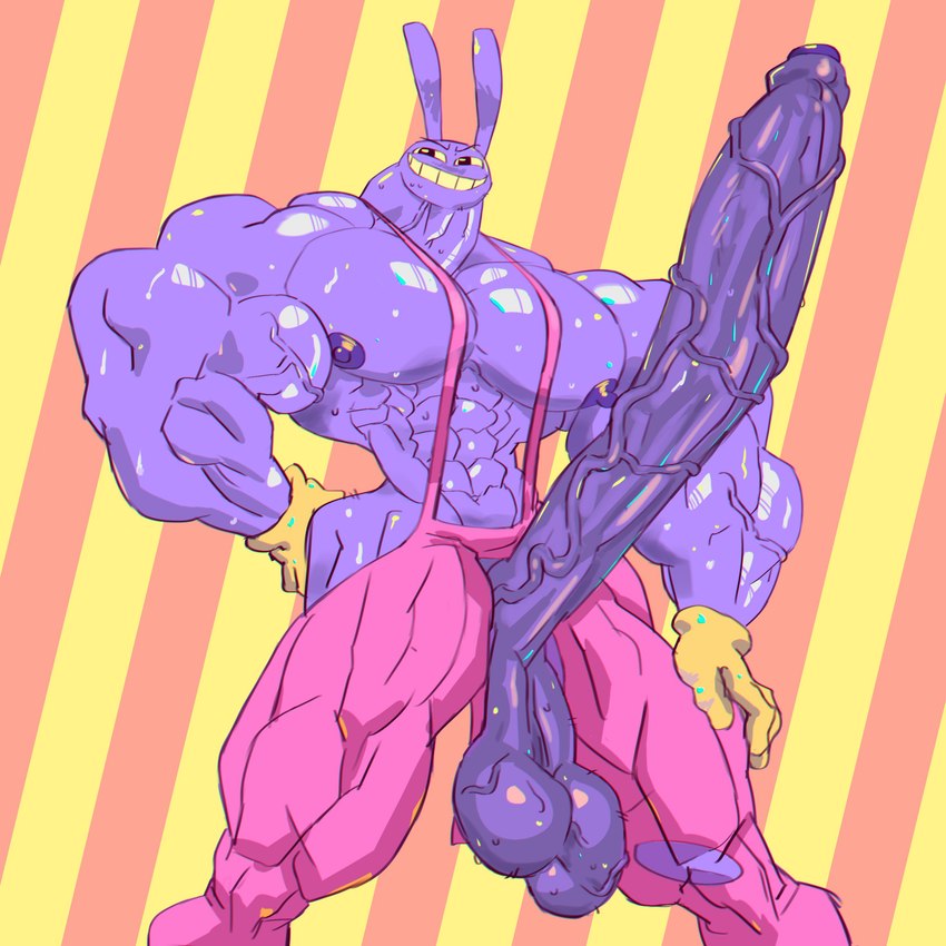 abs abstract_background anthro balls big_penis clothing foreskin genitals gloves handwear huge_penis humanoid_genitalia humanoid_penis hyper hyper_genitalia hyper_penis male muscular muscular_anthro muscular_male nipples overalls overalls_only pecs penis penis_poking_out penis_through_fly saggy_balls solo suspenders vein veiny_balls veiny_muscles veiny_penis omniously glitch_productions the_amazing_digital_circus jax_(tadc) lagomorph leporid mammal rabbit 1:1 2023 absurd_res hi_res