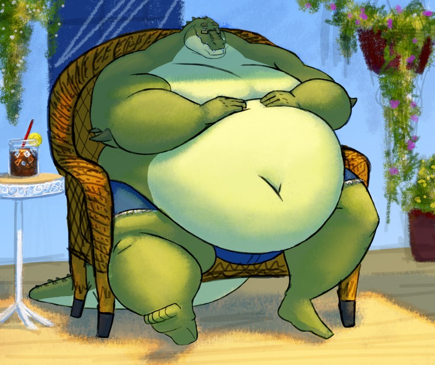 anthro belly beverage big_belly bottomwear chair clothing detailed_background eyewear furniture glasses green_body hand_on_belly iced_tea looking_at_belly male moobs navel obese obese_anthro obese_male overweight overweight_anthro overweight_male plant_pot porch shorts solo table tail silver-stag gatoraus_rex alligator alligatorid crocodilian dinosaur hybrid prehistoric_species reptile scalie theropod tyrannosaurid tyrannosauroid tyrannosaurus tyrannosaurus_rex 2021