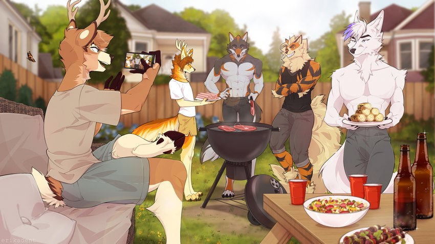 anthro athletic athletic_male beef beer_bottle bottle bottomwear building cellphone clothed clothing container cookout corn detailed_background electronics fence flower food furniture grill grin group house kebab looking_at_object male meat neighborhood partially_clothed party phone pillow plant rolled_up_pants shirt shirtless shirtless_male shorts sitting smile smug solo_cup standing steak summer t-shirt table tongs tools topwear yard erikadent nintendo pokemon epsom_(foxmcc) rove_(foxmcc) rowley_(foxmcc) ulaan vincent_(foxmcc) arcanine arctic_fox arthropod butterfly canid canine canis cervine deer fox generation_1_pokemon insect lepidopteran mammal pokemon_(species) true_fox wolf 16:9 hi_res wallpaper widescreen