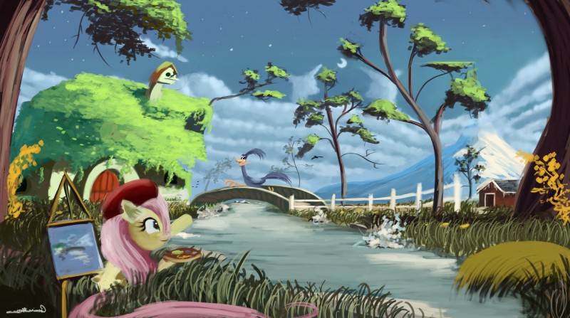 clothing creek day detailed_background duo eyelashes feathered_wings feathers female feral fur grass hat headgear headwear hooves outside pink_body pink_fur plant water wings auroriia friendship_is_magic hasbro looney_tunes my_little_pony mythology warner_brothers fluttershy_(mlp) road_runner_(looney_tunes) avian bird cuculiform equid equine greater_roadrunner mammal mythological_creature mythological_equine new_world_ground_cuckoo pegasus roadrunner absurd_res crossover hi_res