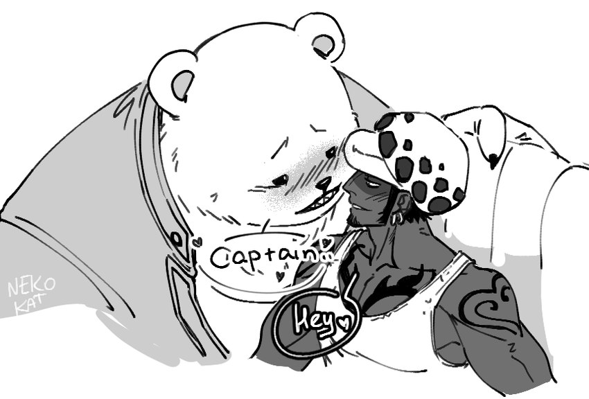 anthro blush clothing dialogue duo ear_piercing ear_ring hat headgear headwear human_on_anthro interspecies male male/male piercing ring_piercing shirt text topwear nekokat42 one_piece bepo_(one_piece) trafalgar_law bear human mammal minkmen_(one_piece) polar_bear ursine 2023 english_text monochrome