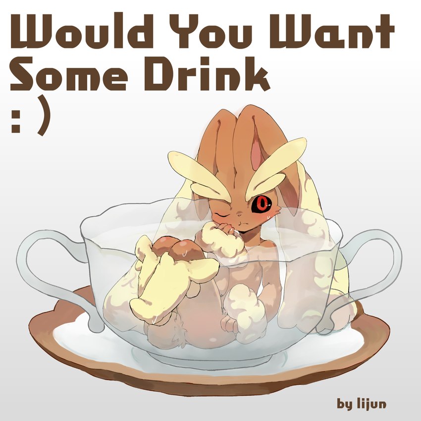 ambiguous_gender anthro arm_support bathing beverage big_ears biped black_sclera blush bodily_fluids brown_body container cup flat_chested fluffy fur hand_on_face legs_up lying on_back one_eye_closed partially_submerged red_eyes saucer scut_tail short_tail simple_background solo sweat tail tea_cup text wet white_background white_body white_fur wink xiao_lijun nintendo pokemon generation_4_pokemon lagomorph leporid lopunny mammal pokemon_(species) 1:1 absurd_res artist_name english_text hi_res